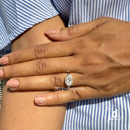 Old Mine Oval Cut Half Bezel Set Engagement Ring, 3.20 CT Near Colorless Solitaire Moissanite Wedding Ring, Euro Shank Ring, Bridal Ring