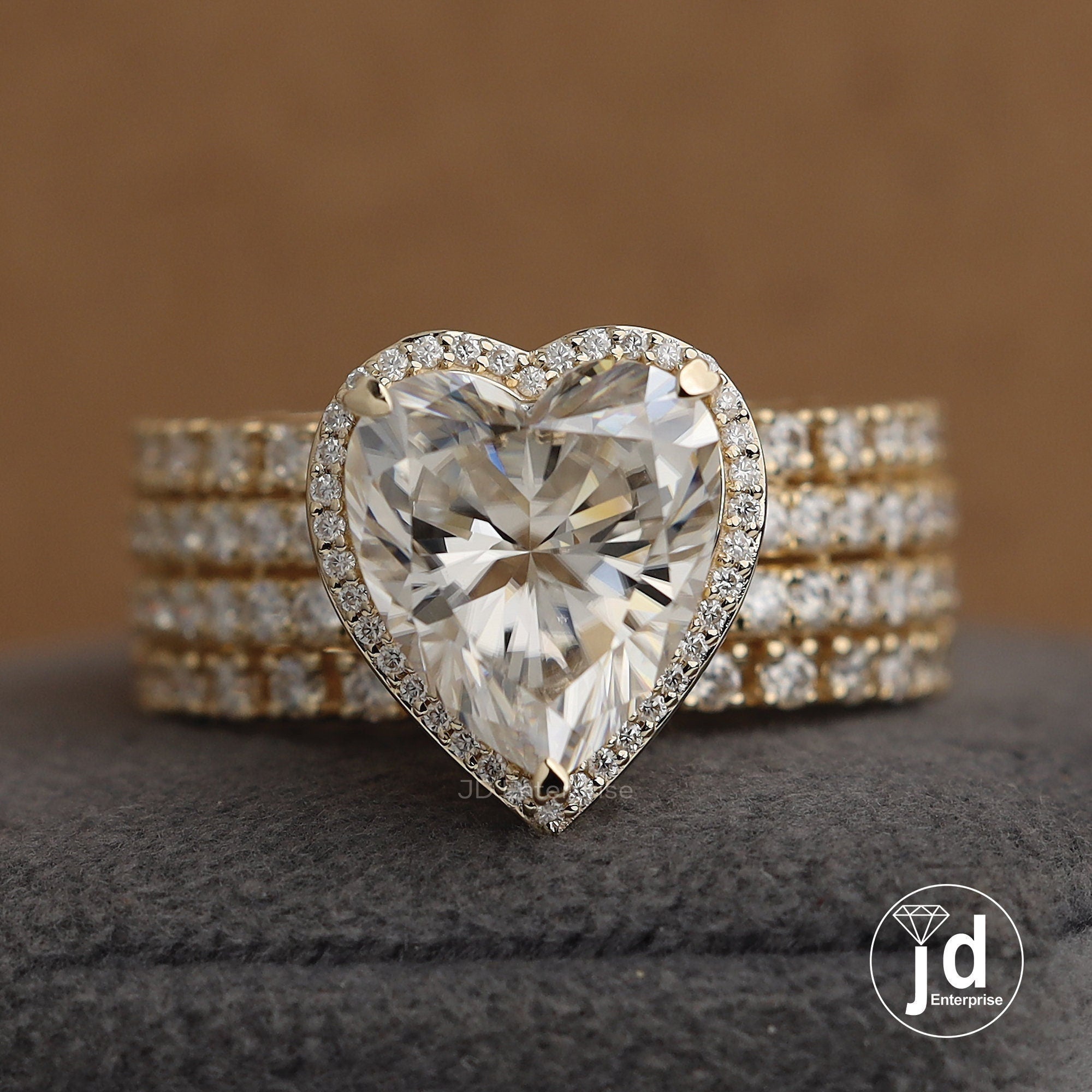 6.00 CT Colorless Heart Shape Moissanite Halo Engagement Ring, Tulip Basket Set Wedding Ring, Four Row Pave Accent Ring, Yellow Gold Ring