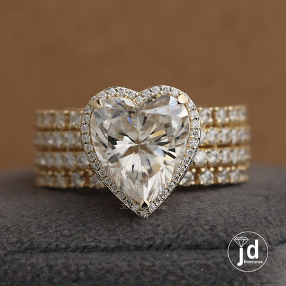6.00 CT Colorless Heart Shape Moissanite Halo Engagement Ring, Tulip Basket Set Wedding Ring, Four Row Pave Accent Ring, Yellow Gold Ring
