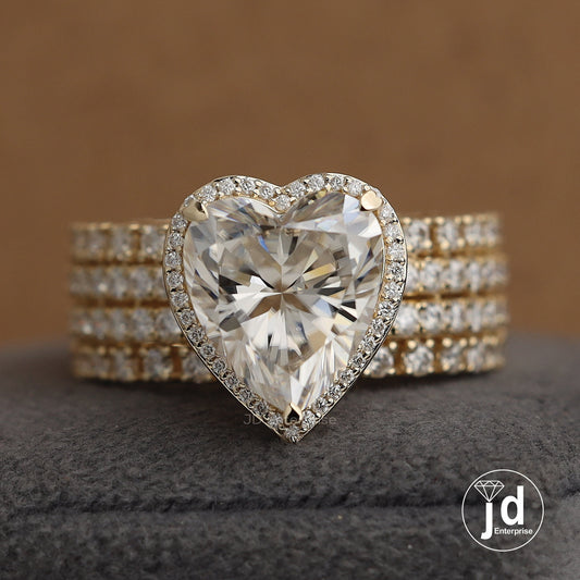 6.00 CT Colorless Heart Shape Moissanite Halo Engagement Ring, Tulip Basket Set Wedding Ring, Four Row Pave Accent Ring, Yellow Gold Ring