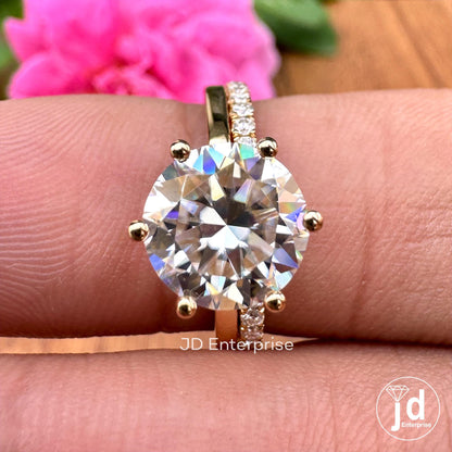 2.50 CT Round Hearts and Arrows Colorless Moissanite Ring Set, Engagement Ring with Wedding Band Set, 18k Yellow Gold Anniversary Ring Set