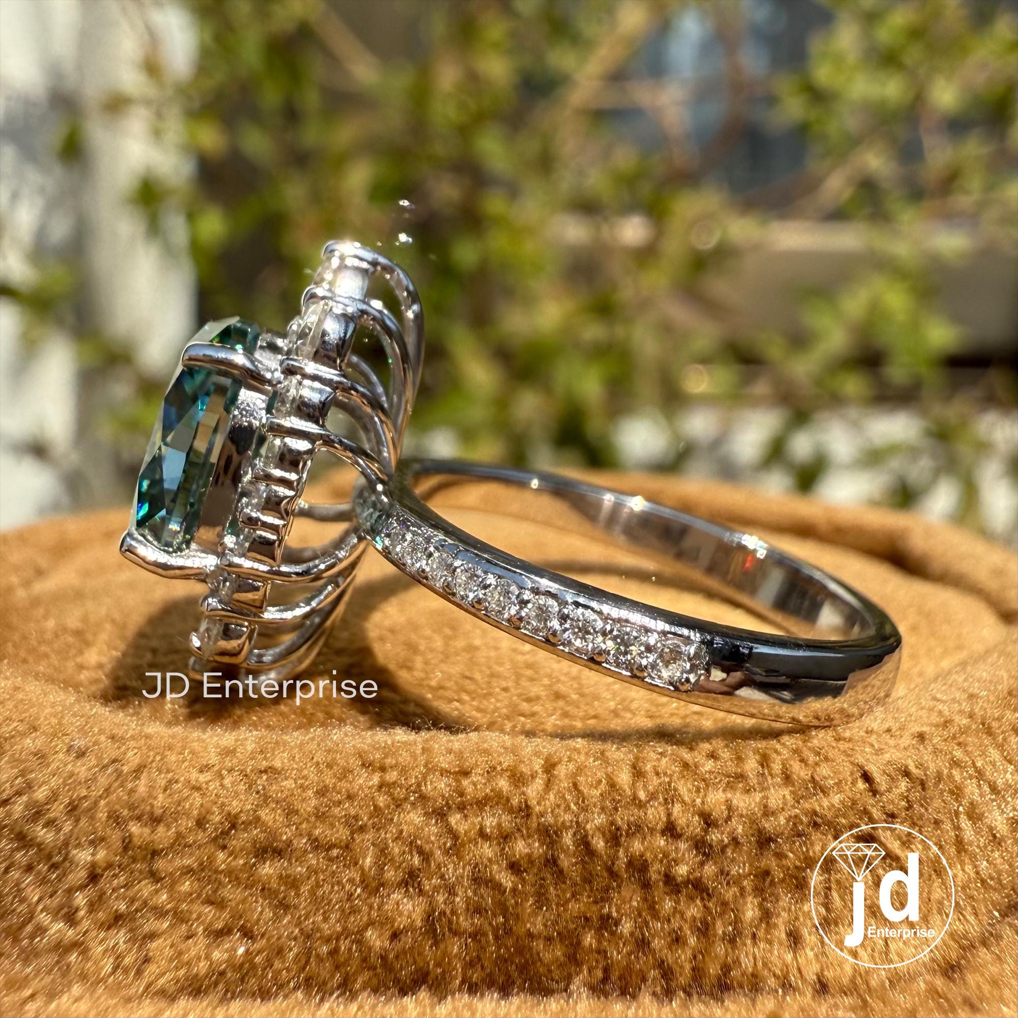 2.00 CT Cyan Blue Moissanite Oval Cut Engagement Ring, Flower Style Halo Wedding Ring, Accent Ring, Tapper Shank Pave Set Ring, Bridal Ring