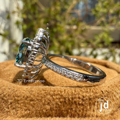 2.00 CT Cyan Blue Moissanite Oval Cut Engagement Ring, Flower Style Halo Wedding Ring, Accent Ring, Tapper Shank Pave Set Ring, Bridal Ring