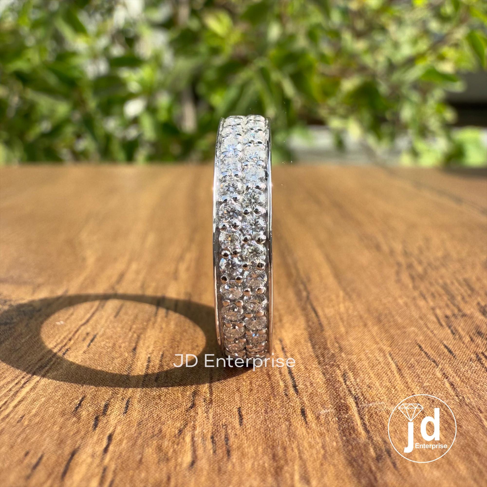 Round Moissanite Band, Colorless Moissanite Wedding Band, Double Row Eternity Band, Full Eternity Engagement Band, Stackable Matching Band