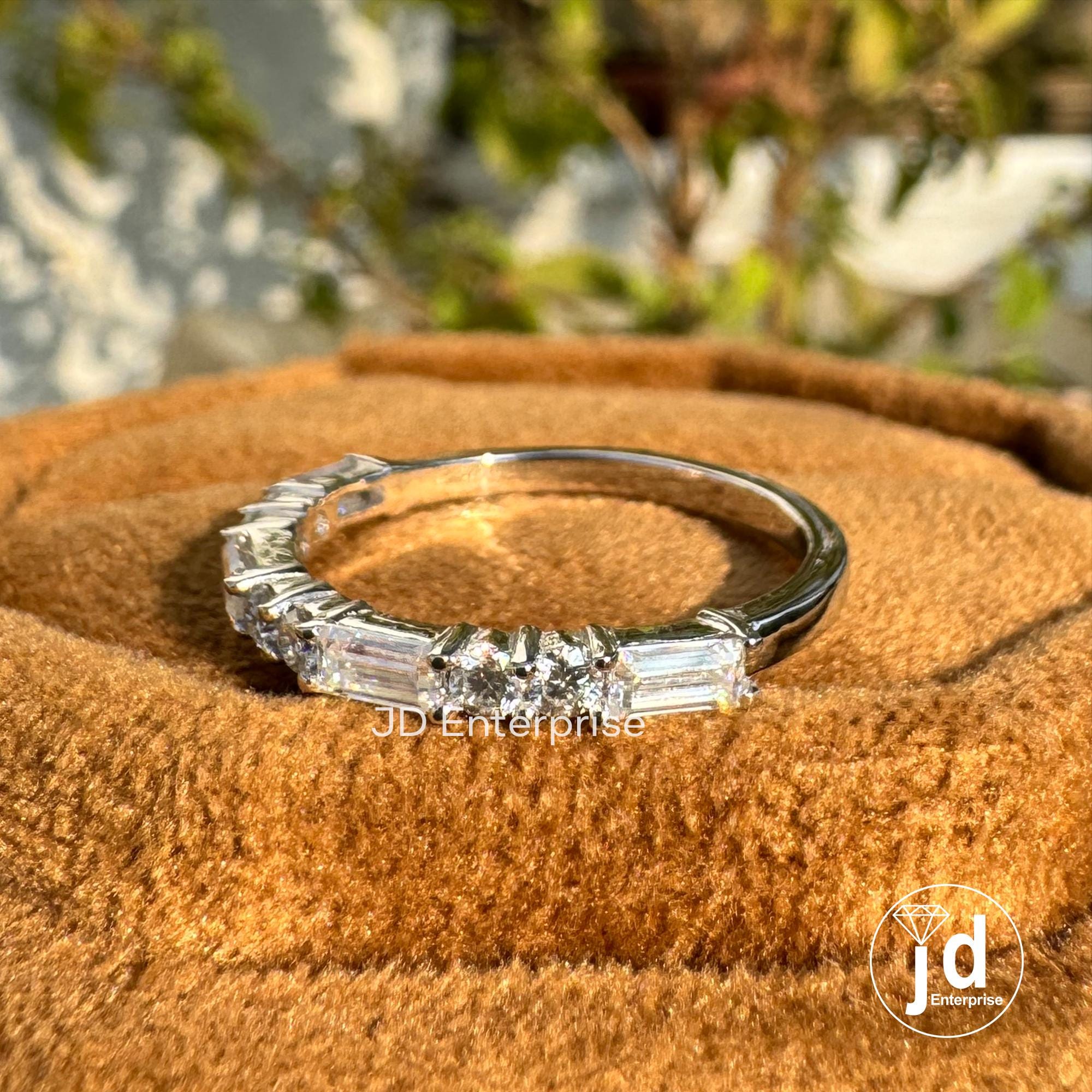0.72 TCW Baguette and Round Colorless Moissanite Wedding Band, Half Eternity Band, White Gold Band, Stackable Band, Anniversary Gifts