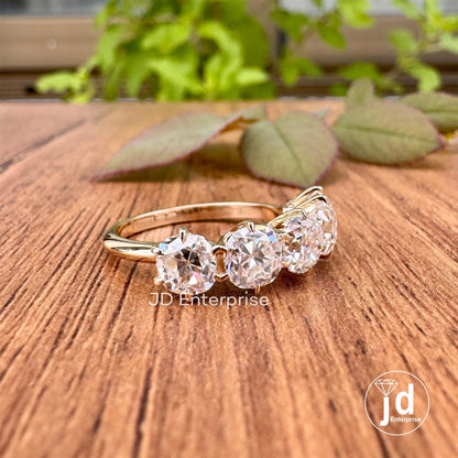 5.00TCW Old Mine Cushion Moissanite Engagement Ring, Old Mine Moissanite Five Stone Wedding Band, Vintage Style Yellow Gold Anniversary Ring