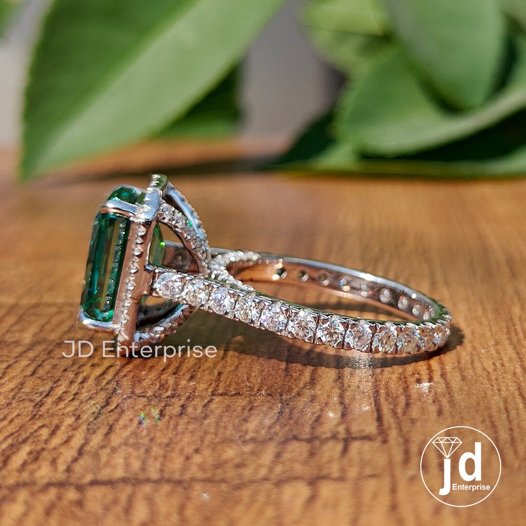 5.00 CT Criss Cut Green Moissanite Engagement Ring, Bridge Petite Pave Halo Wedding Ring, Full Eternity Band, Bridal Ring, Anniversary Ring