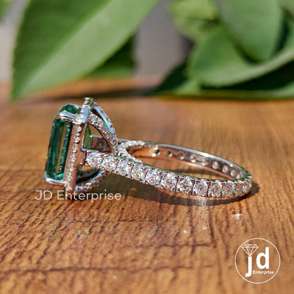 5.00 CT Criss Cut Green Moissanite Engagement Ring, Bridge Petite Pave Halo Wedding Ring, Full Eternity Band, Bridal Ring, Anniversary Ring