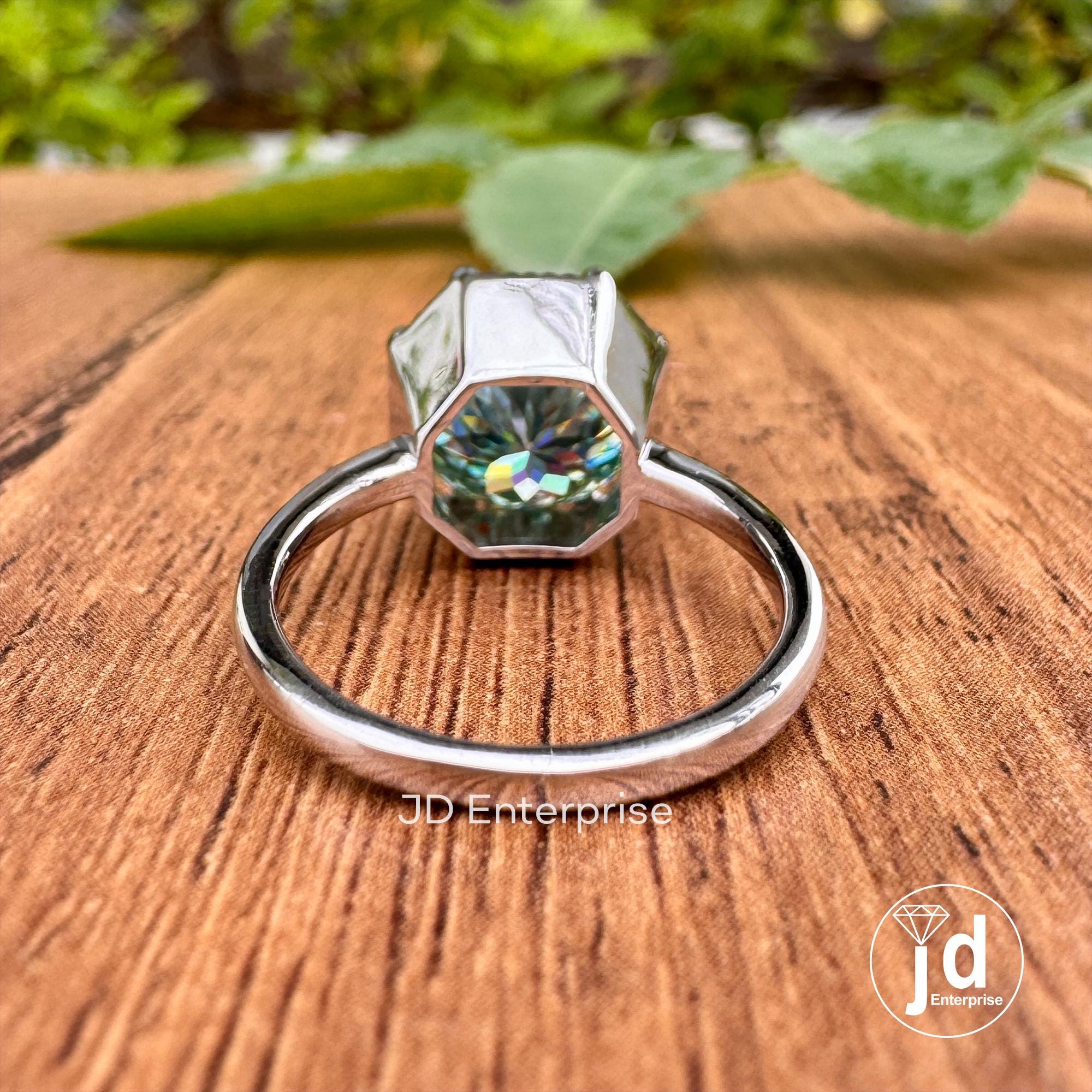 5.0CT Portuguese Cut Bluegreen Moissanite Engagement Ring, Solitaire Moissanite Ring, Milgrain Set Anniversary Ring Eight Prong Wedding Ring