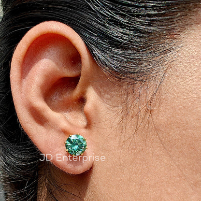 Green Moissanite Earrings, Moissanite Stud Earrings, 3.50 TW Round Moissanite Earrings, 8 Secure Prong, Vintage Bridal Earrings for Women