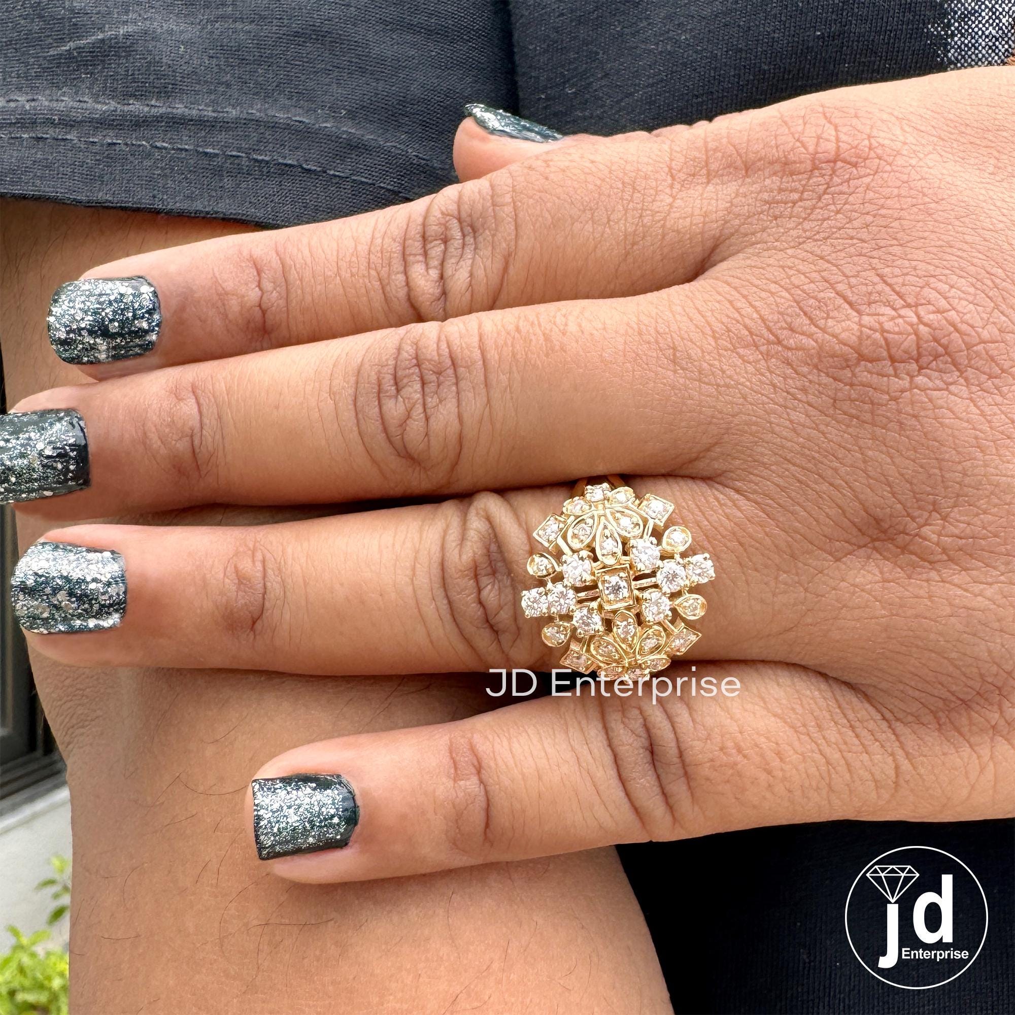 Cocktail Rhombus Bridal Ring, Cluster Set Moissanite Ring, Floral Style Round Cut Moissanite Engagement Ring, 18k Yellow Gold Wedding Ring