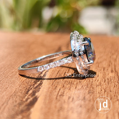 2.50CT Grey Round Cut Moissanite Engagement Ring, Pave Set Wedding Ring, Double Halo Bridal Ring, Art Deco Ring for Women, Anniversary Ring