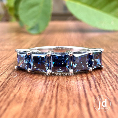 1.50 TCW Princess Cut Dark Blue Moissanite Five Stone Engagement Band, Wedding Band, Matching Anniversary Band, Stackable Band