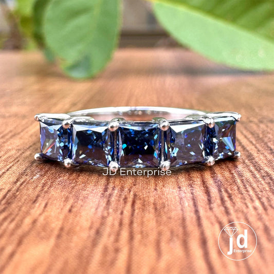 1.50 TCW Princess Cut Dark Blue Moissanite Five Stone Engagement Band, Wedding Band, Matching Anniversary Band, Stackable Band
