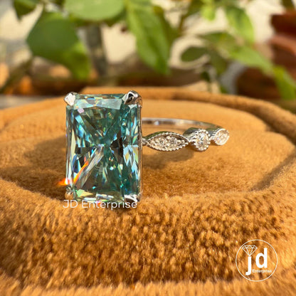 3.00 CT Cyan Blue Radiant Cut Engagement Ring, Milgrain Wedding Ring, Promise Ring, Bridal Ring, Anniversary Gift Ring, Claw Prong Setting