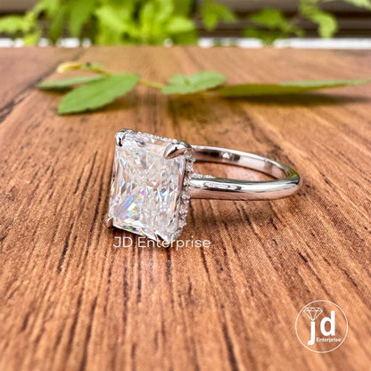 2.50 TCW Radiant Cut Engagement Ring, Hidden Halo Engagement Ring, Solitaire Wedding Ring, Invisible Halo & Bridge Accent Ring, Propose Ring