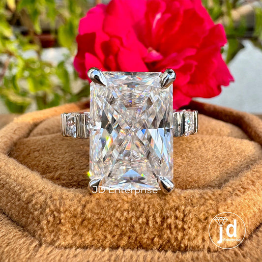10.23CT Large Radiant Cut Moissanite Engagement Ring, Celebrity Style Solitaire Wedding Ring, Hidden Halo Bridal Ring, Bar Set Eternity Band