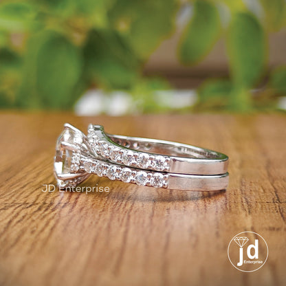 Vintage Style Wedding Set, 2.00 CT Round Old European Cut Moissanite Hidden Halo Engagement Ring, Half Eternity Curved Band, Bridal Ring Set