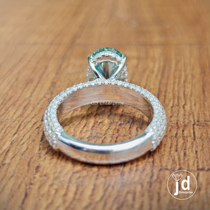 3.50 CT Cyan Blue Oval Cut Moissanite Engagement Ring, Hidden Halo Wedding Ring, Three Side Pave Anniversary Ring, Wide Band, Bridal Ring