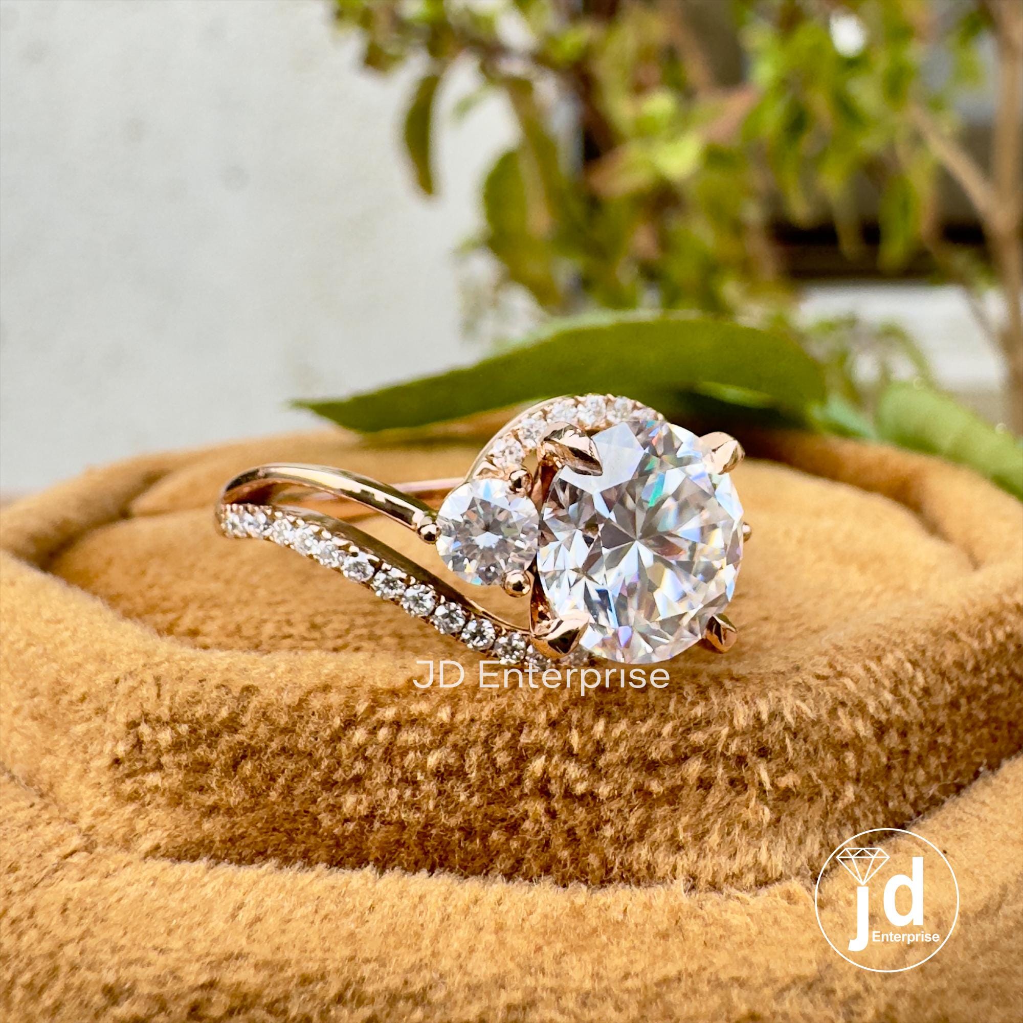 2.00 CT Round Moissanite Engagement Ring, Split Shank Anniversary Ring, Split Pave Set Wedding Ring, Bypass Shank Three Stone Bridal Ring