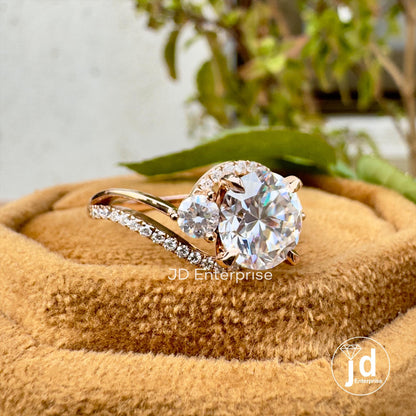 2.00 CT Round Moissanite Engagement Ring, Split Shank Anniversary Ring, Split Pave Set Wedding Ring, Bypass Shank Three Stone Bridal Ring