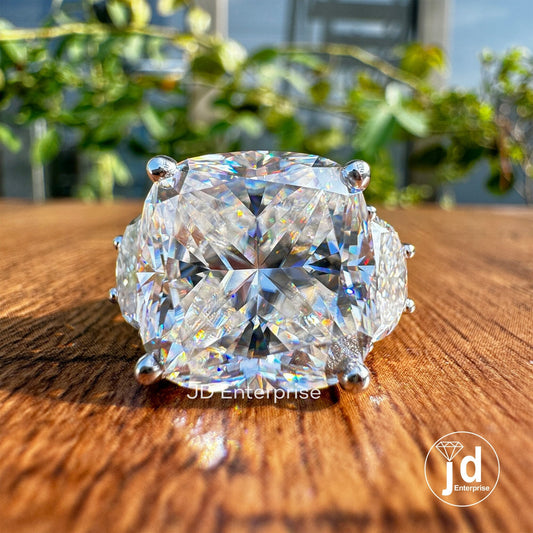 14.50 CT Crushed Ice Cushion & Half Moon Cut Moissanite Engagement Ring, Three Stone Wedding Ring, Big Size Moissanite Ring for Women