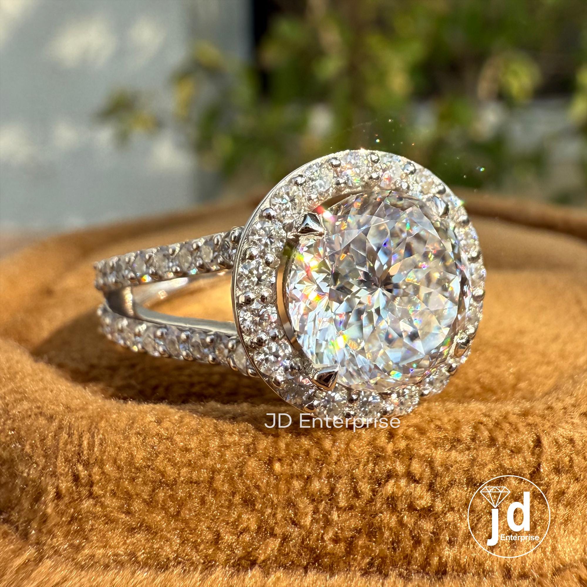 Portuguese Cut Moissanite Engagement Ring, 2.5 CT Colorless Moissanite Halo Wedding Ring, Pave Split Shank Ring for Women, Anniversary Gifts