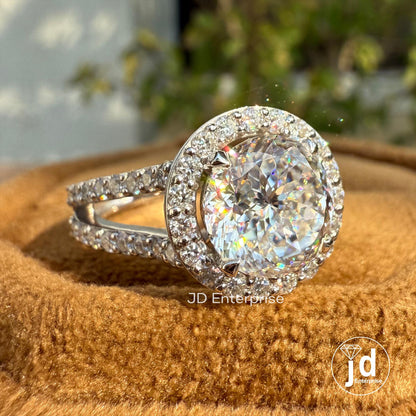 Portuguese Cut Moissanite Engagement Ring, 2.5 CT Colorless Moissanite Halo Wedding Ring, Pave Split Shank Ring for Women, Anniversary Gifts