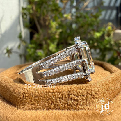 Big Emerald Cut 5.0 CT Colorless Moissanite Engagement Ring, Baguette & Round Halo Wedding Ring, Pave Split Shank Large Celebrity Style Ring