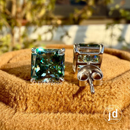 5.00 TCW Radiant Cut Greenish Blue Moissanite Stud Earrings for Women, Claw Prongs, Wedding Earrings, Bridal Earrings, Engagement Earrings