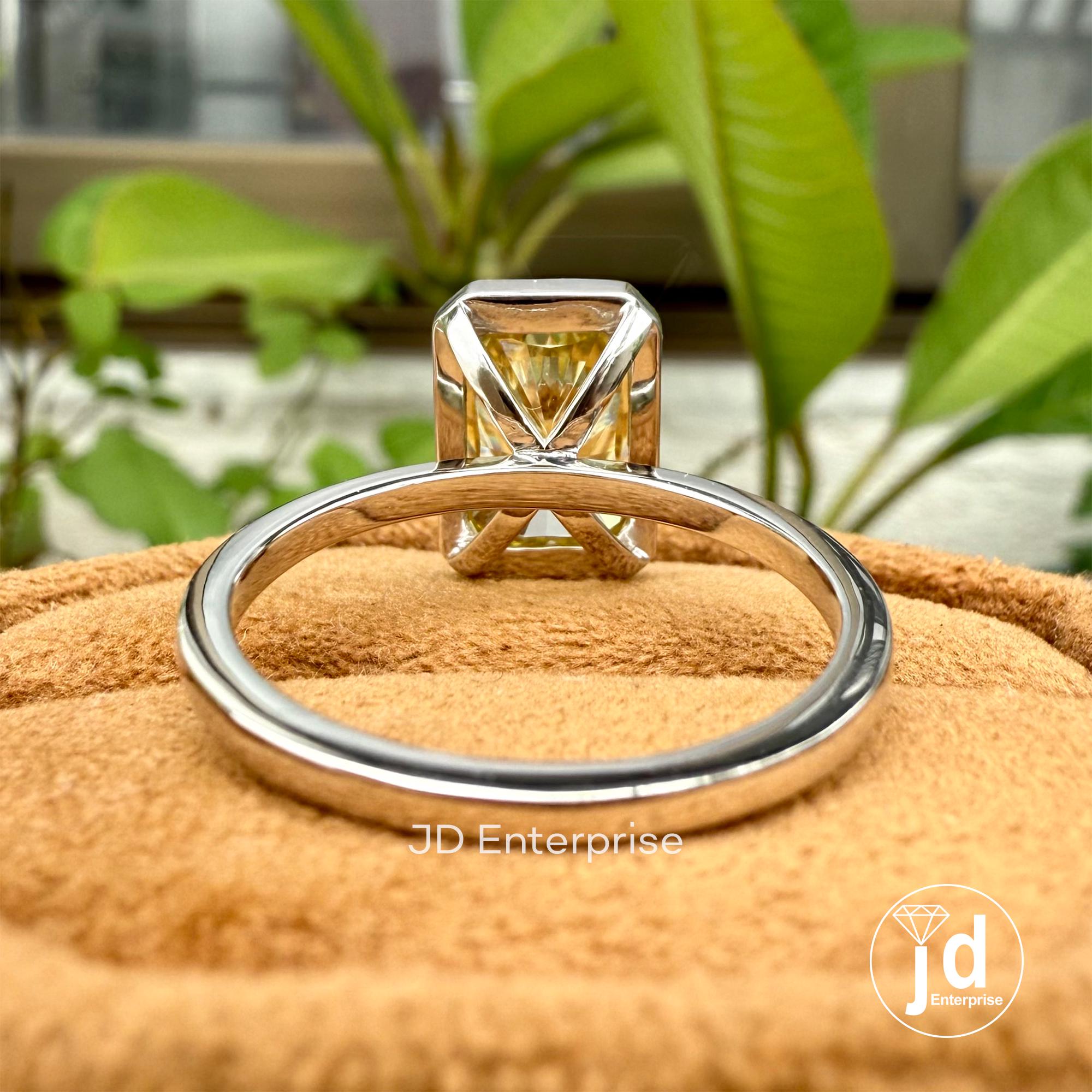 Bezel Set Radiant Cut Canary Yellow Moissanite Engagement Ring, Crushed Ice Radiant Solitaire Bezel Setting Wedding Ring, Anniversary Gifts