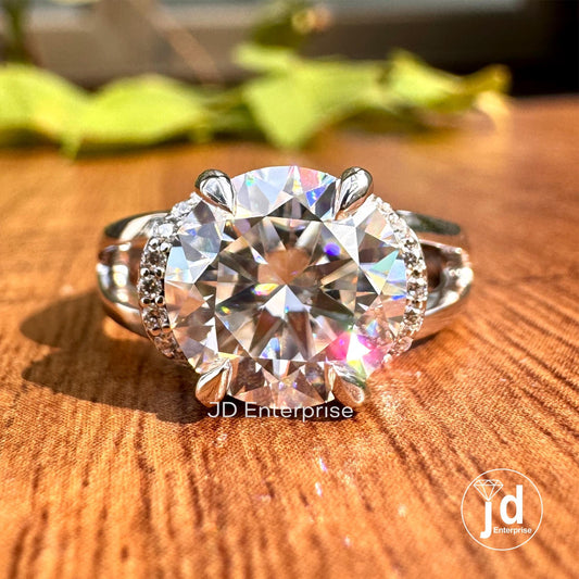Vintage Style Engagement Ring, 3.50 CT Colorless Round Cut Moissanite Ring, Half Halo Ring, Split Shank Wedding Ring, Bridal Ring