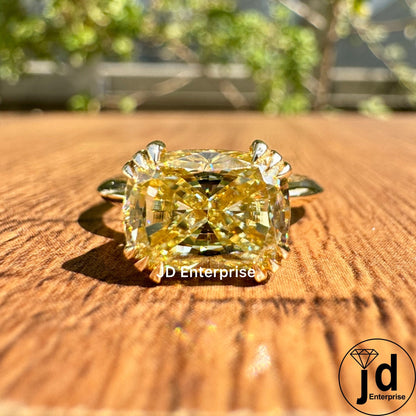 Canary Yellow Moissanite Engagement Ring, 2.50 CT Cushion Cut Solitaire Wedding Ring, Triple Claw Prong, Knife Edge Shank, Ring for women
