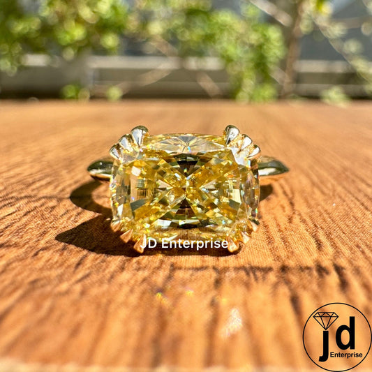 Canary Yellow Moissanite Engagement Ring, 2.50 CT Cushion Cut Solitaire Wedding Ring, Triple Claw Prong, Knife Edge Shank, Ring for women