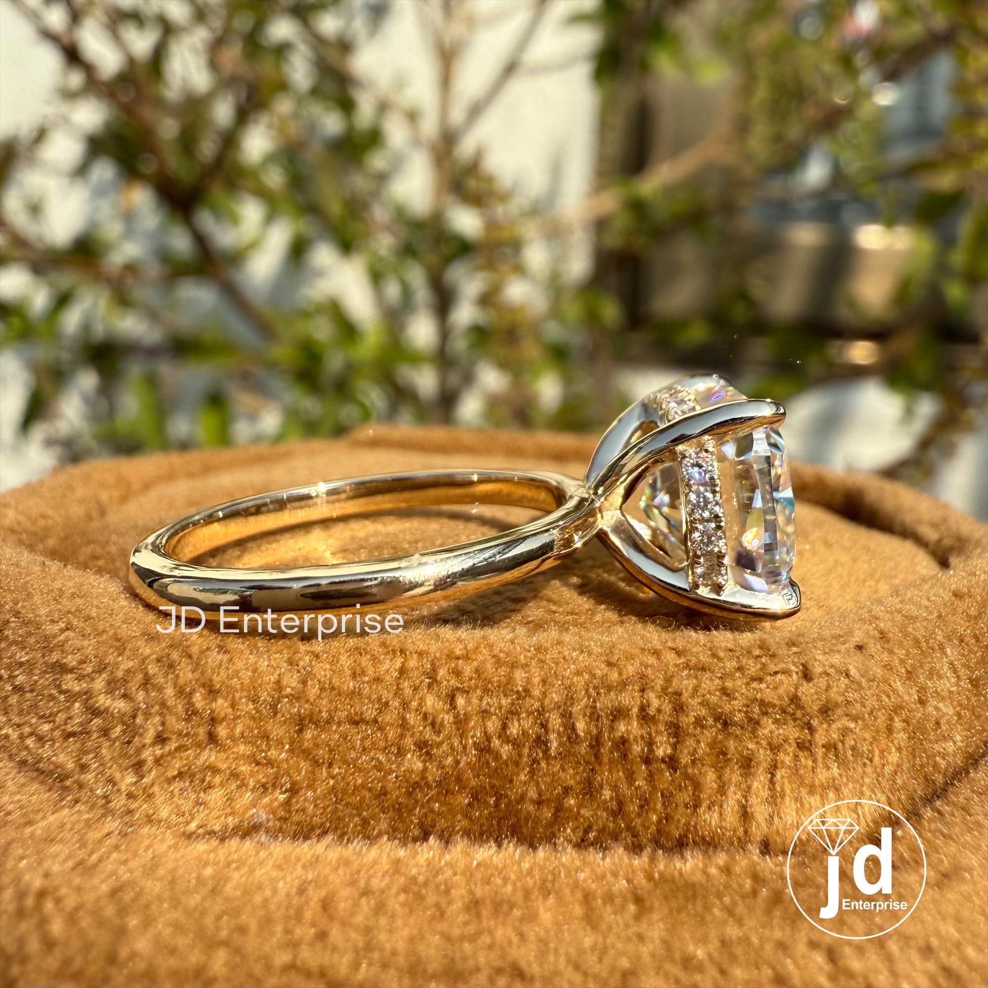 Solitaire Engagement Ring, 4.00 CT Cushion Cut Moissanite East to West Set Hidden Halo Wedding Ring, Anniversary Gifts, 10k Yellow Gold Ring