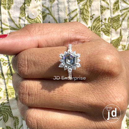 2.78 TW Hexagon Step Cut Grey Moissanite Engagement Ring, Flower Style Halo Wedding Ring, Pave Set Anniversary Ring, Bridal Set Ring