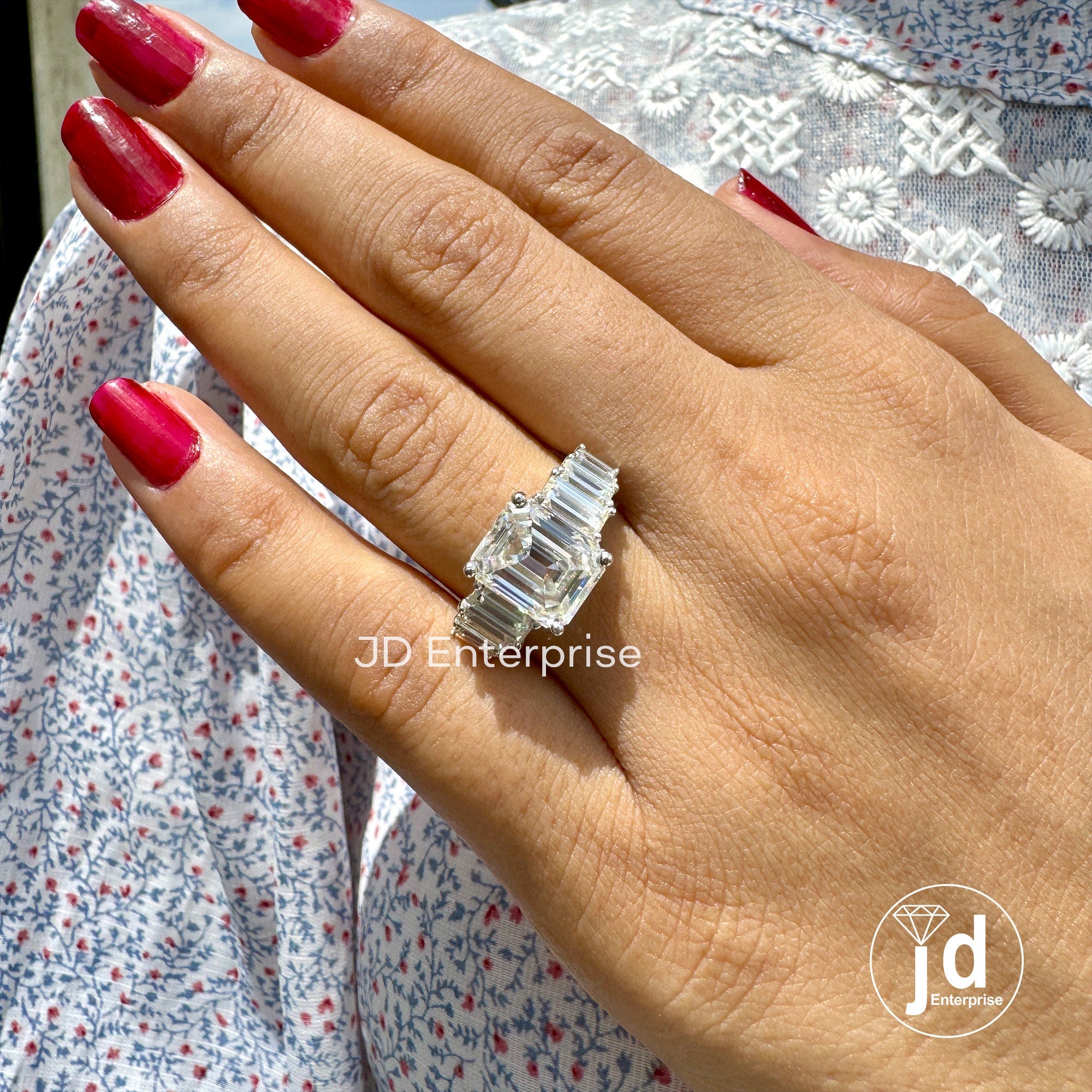 5.00 TCW Colorless Emerald Cut Moissanite Engagement Ring, Sevan Stone Wedding Ring, Anniversary Gifts Ring, Promise Ring, Cocktail Ring