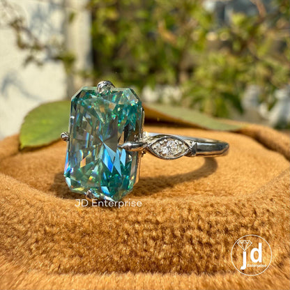4.00 CT Radiant Cut Cyan Blue Moissanite Engagement Ring, Milgrain Wedding Ring, Compass Set Prongs, Bridal Ring, Anniversary Gifts Ring