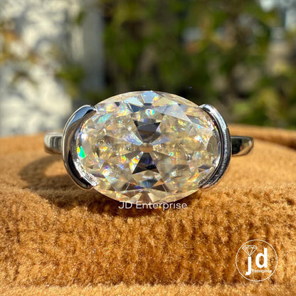 Old Mine Oval Cut Half Bezel Set Engagement Ring, 3.20 CT Near Colorless Solitaire Moissanite Wedding Ring, Euro Shank Ring, Bridal Ring