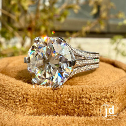 8.00 TCW Large Round Cut Moissanite Hidden Halo Engagement Ring, Split Pave Wedding Ring, Three Side Pave Celebrity Style Anniversary Gift