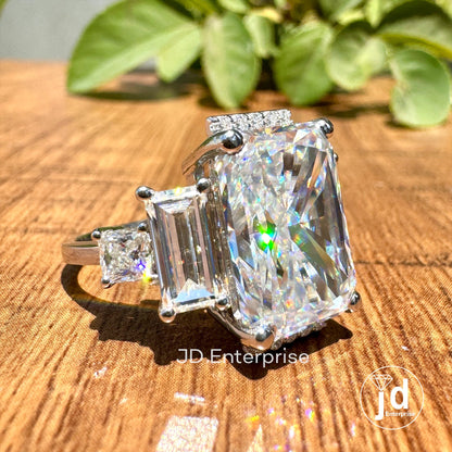 10.34 TCW Colorless Radiant Cut Moissanite Ring, Five Stone Moissanite Wedding Ring, Half Halo Ring for Women, Moissanite Engagement Ring