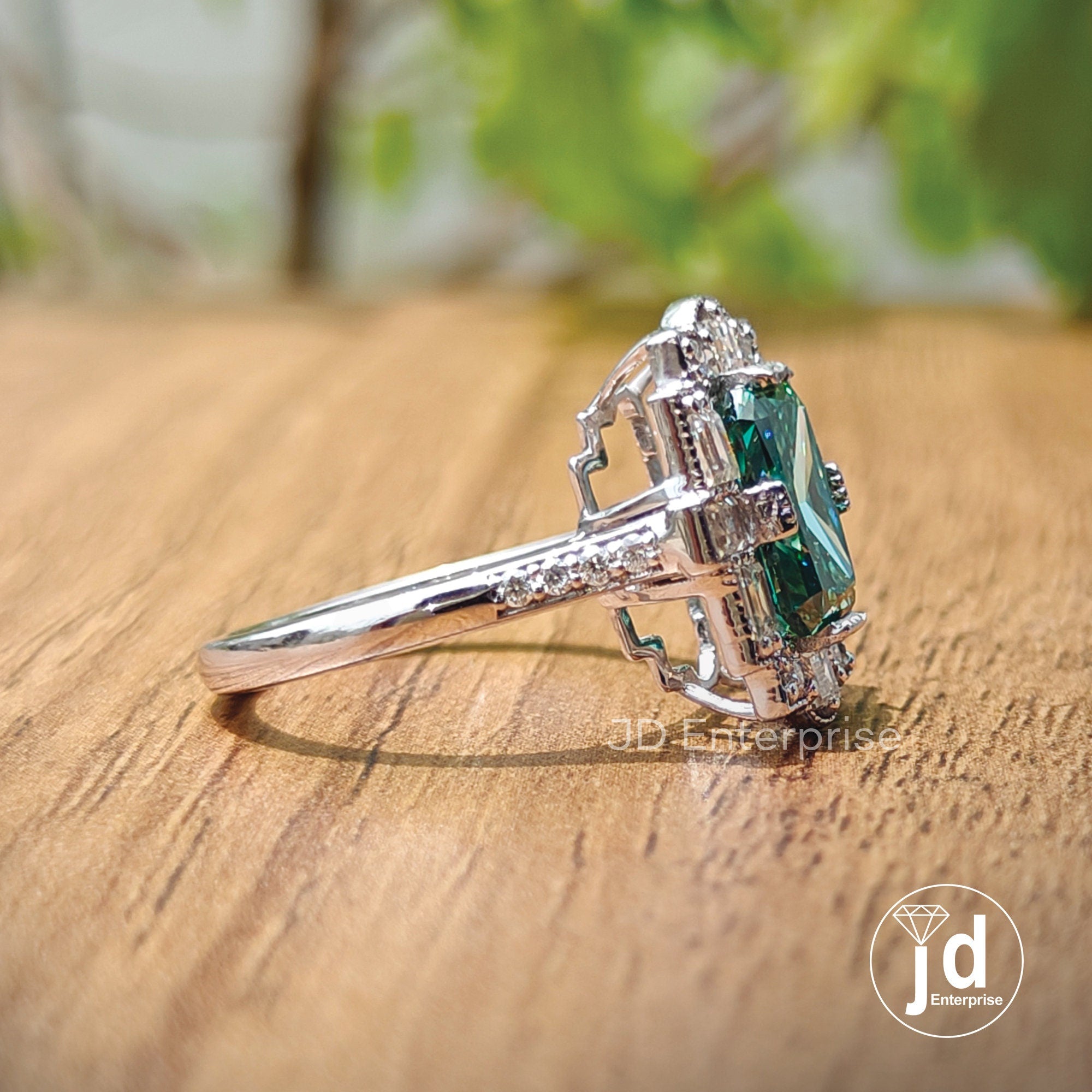 Vintage 2.0 CT Radiant Cut Green Moissanite Engagement Ring, Halo Wedding Ring, Milgrain Ring, Art Deco Ring, Anniversary Ring, Promise Ring