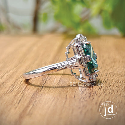 Vintage 2.0 CT Radiant Cut Green Moissanite Engagement Ring, Halo Wedding Ring, Milgrain Ring, Art Deco Ring, Anniversary Ring, Promise Ring
