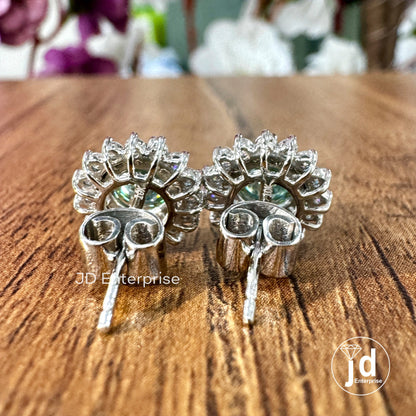 Blue Green Moissanite Diamond Earrings - Cluster Flower Studs for Women, Handmade Jewelry Halo Collection, Gift for Women, Everyday Earrings