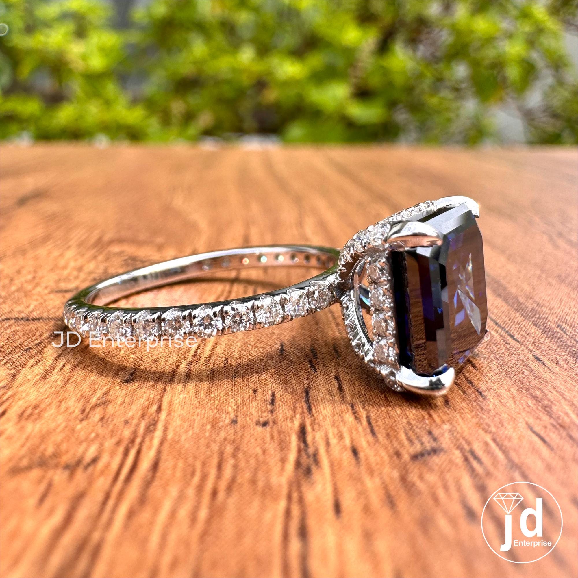 4.00 CT Dark Blue Asscher Moissanite Diamond Ring, Hidden Halo Engagement Ring, Unique Pave Set Wedding Ring, Claw Prong Anniversary Ring