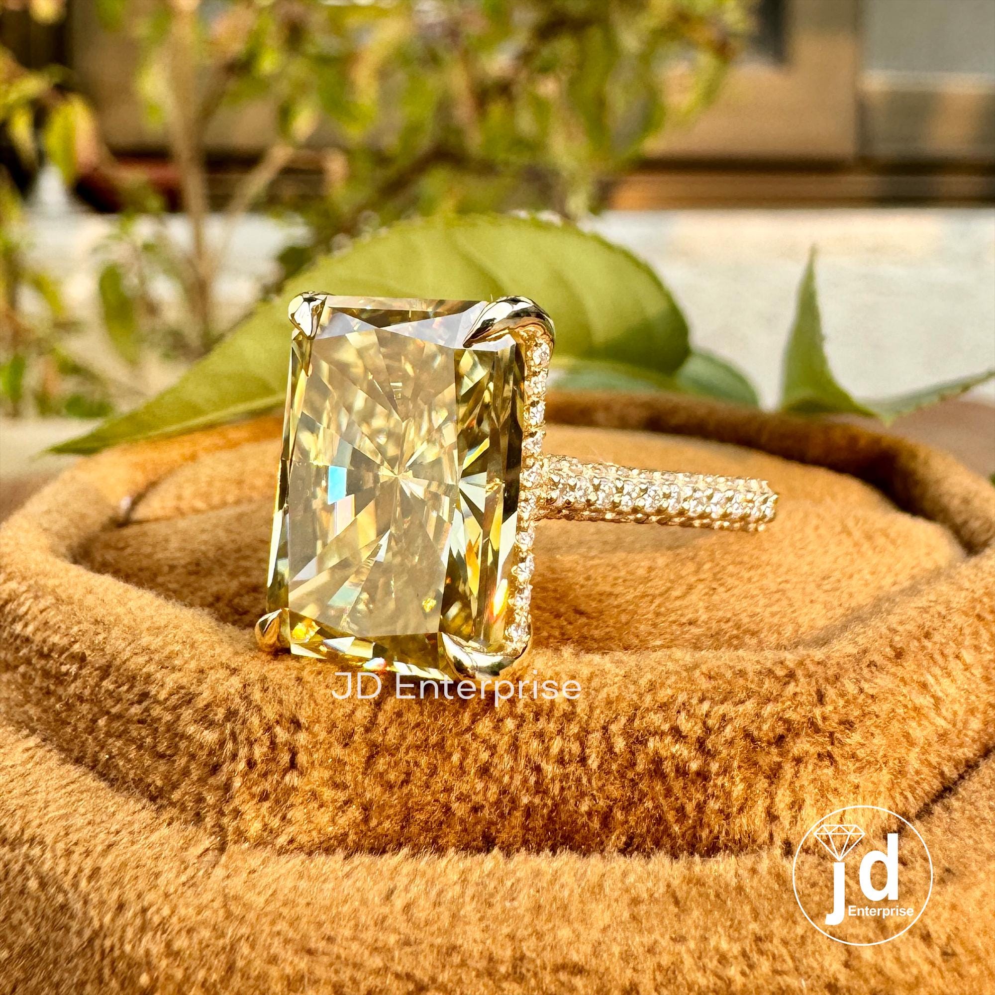 8.00 CT Big Radiant Cut Canary Yellow Moissanite Engagement Ring, Three Side Pave Wedding Ring, Hidden Halo Bridal Ring, Peekaboo Setting