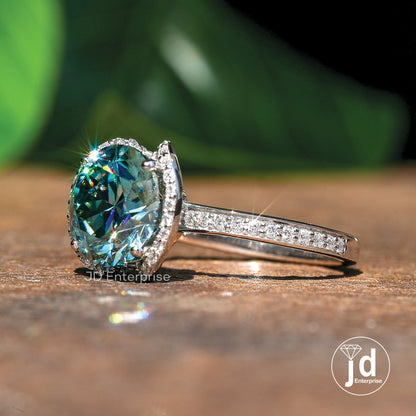 3.60 CT Teal Blue Round Cut Moissanite Half Halo Engagement Ring, Hidden Halo Wedding Ring, Bridal Ring, Pave Set Anniversary Ring, Bridal