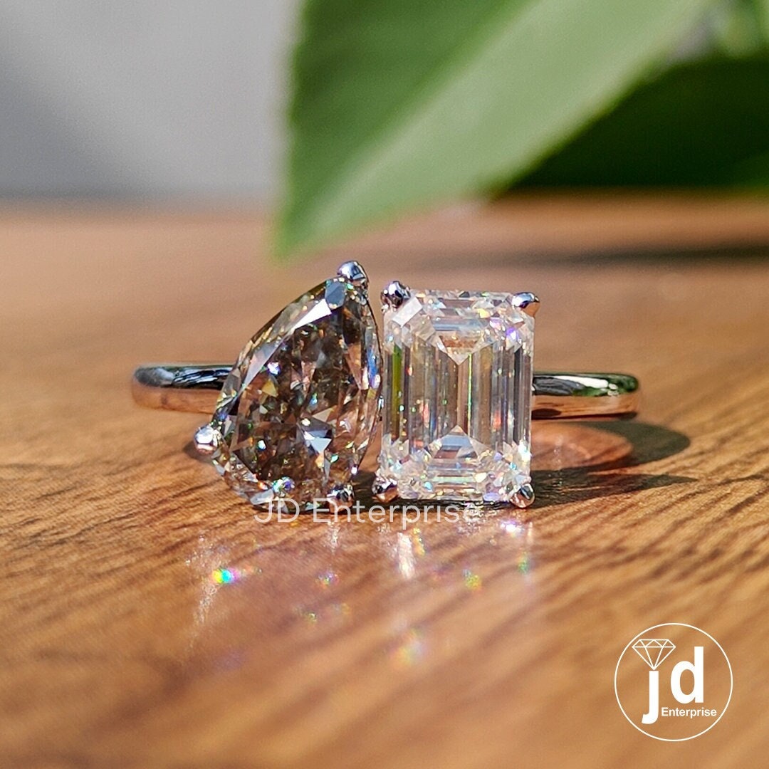 Colorless & Light Grey Moissanite Toi Et Moi Ring, Emerald and Pear Cut Two Stone Ring, White Gold Wedding Ring, Anniversary Gift, Bridal