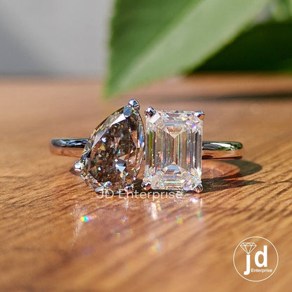 Colorless & Light Grey Moissanite Toi Et Moi Ring, Emerald and Pear Cut Two Stone Ring, White Gold Wedding Ring, Anniversary Gift, Bridal