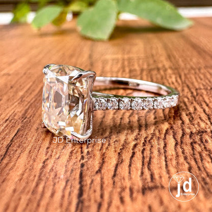 Old Mine Cushion Moissanite Ring, Off-White Moissanite Anniversary Ring, Vintage Style Engagement Ring, Pave Set Moissanite Proposal Ring